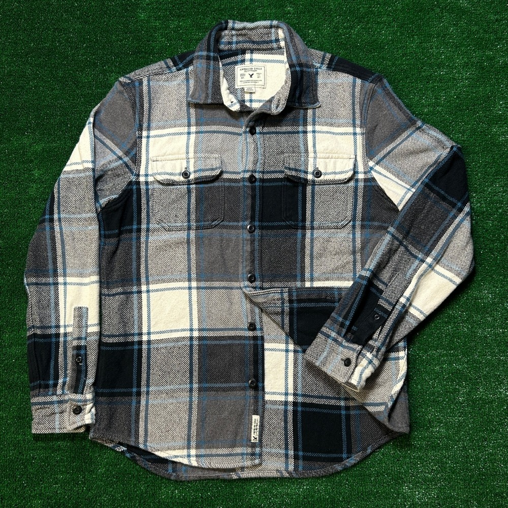 American Eagle Thick Heavy Plaid Flannel Collared Button-Up Shirt Men Med‎